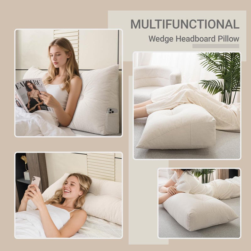 MQK Headboard Pillow Bed Wedge Pillow for Headboard with Side Pocket Dorm Headboard Twin xl Long Back Pillow for Bed Bolster Pillow for Mattress Gap Filler White Reading Pillow for Bedroom Sofa Daybed - Image 3