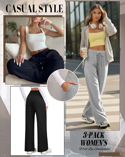 Riyiper 3 Pack Women Wide Leg Sweatpants Drawstring Straight Pants Elastic Waist Joggers Open Bottom Sweatpants with Pockets(NaNavy Blue, Light Gray, Black,L) - Image 4