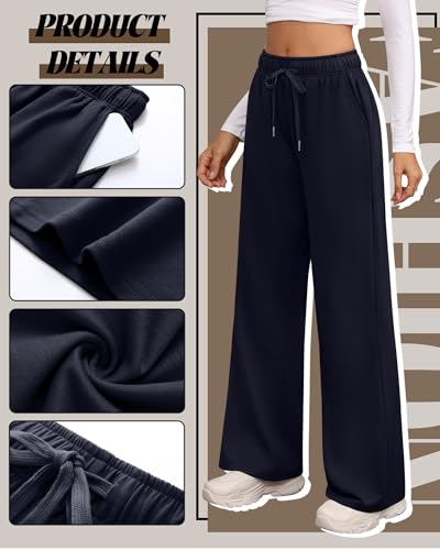 Riyiper 3 Pack Women Wide Leg Sweatpants Drawstring Straight Pants Elastic Waist Joggers Open Bottom Sweatpants with Pockets(NaNavy Blue, Light Gray, Black,L) - Image 3