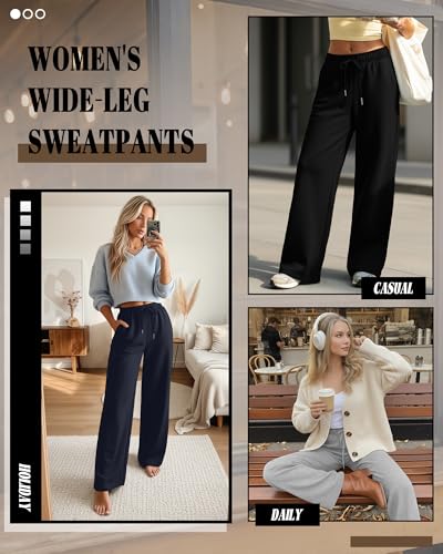 Riyiper 3 Pack Women Wide Leg Sweatpants Drawstring Straight Pants Elastic Waist Joggers Open Bottom Sweatpants with Pockets(NaNavy Blue, Light Gray, Black,L) - Image 2