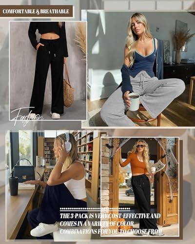 Riyiper 3 Pack Women Wide Leg Sweatpants Drawstring Straight Pants Elastic Waist Joggers Open Bottom Sweatpants with Pockets(NaNavy Blue, Light Gray, Black,L) - Image 5