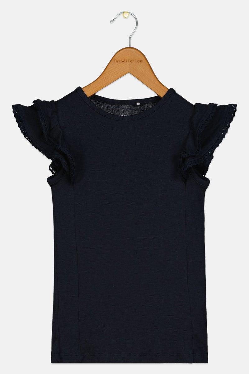 NAME IT بلوزة بأكمام فراشة صلبة للفتيات الصغيرات، كحلي - Image 1