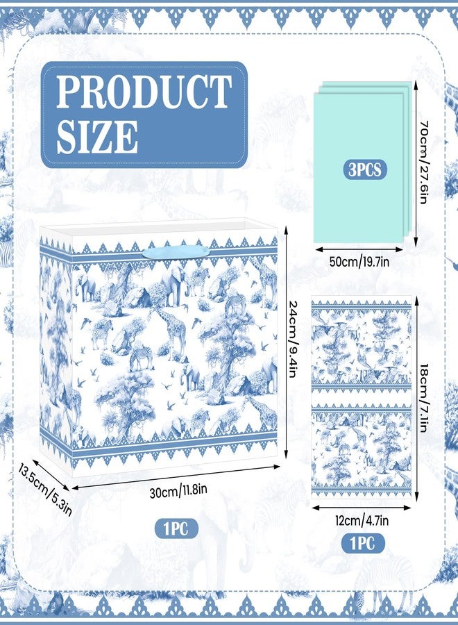 LUUFILx Blue Safari Baby Shower Gifts Bag for Boys Toile De Jouy Gift Wrap Bag with Tissue Paper Card Vintage Wild Jungle Animal Wrapping Paper Bags for Girls Kids Summer Zoo Birthday Baby Shower Decorations - Image 4