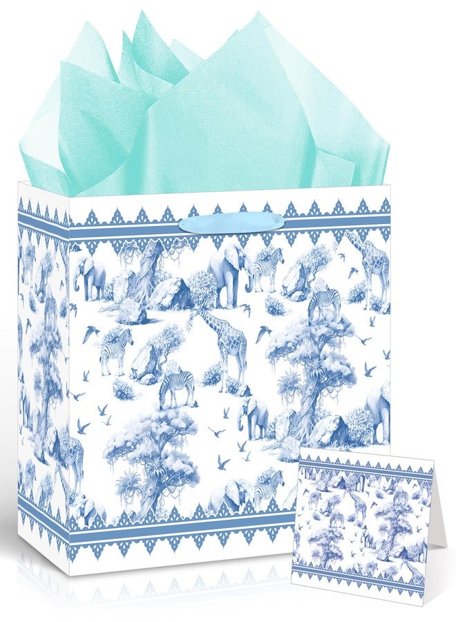 LUUFILx Blue Safari Baby Shower Gifts Bag for Boys Toile De Jouy Gift Wrap Bag with Tissue Paper Card Vintage Wild Jungle Animal Wrapping Paper Bags for Girls Kids Summer Zoo Birthday Baby Shower Decorations - Image 1