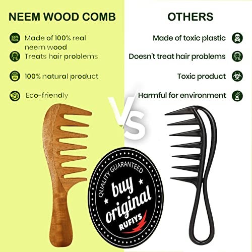 Rufiys Neem Wooden Comb Set for Hair – Wide Tooth Detangling Comb for Women & Men | Anti Dandruff Scalp Care | Hair Growth & Hair Fall Control | Natural Anti Static Wooden Comb Combo Pack - Image 2