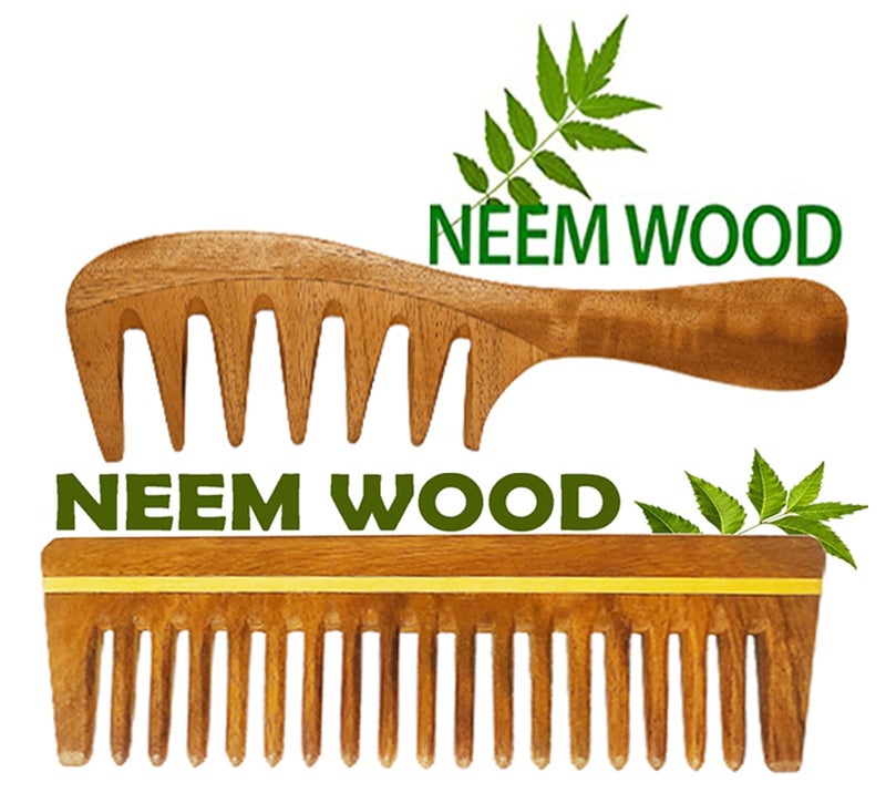 Rufiys Neem Wooden Comb Set for Hair – Wide Tooth Detangling Comb for Women & Men | Anti Dandruff Scalp Care | Hair Growth & Hair Fall Control | Natural Anti Static Wooden Comb Combo Pack - Image 1