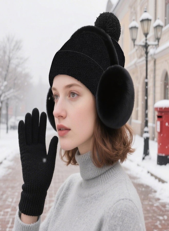 LZEDIRA 3 Pcs Winter Hat Ear Muffs Gloves Set, Knitted Beanie & Touchscreen Gloves for Winter Women Men, Adjustable Earmuffs, Fluffy Ear Warmers Suitable for Cold Weather, Travel, Skiing - Image 4