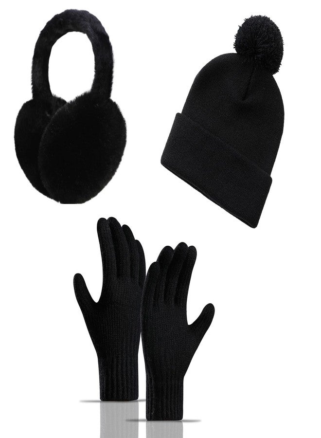 LZEDIRA 3 Pcs Winter Hat Ear Muffs Gloves Set, Knitted Beanie & Touchscreen Gloves for Winter Women Men, Adjustable Earmuffs, Fluffy Ear Warmers Suitable for Cold Weather, Travel, Skiing - Image 1