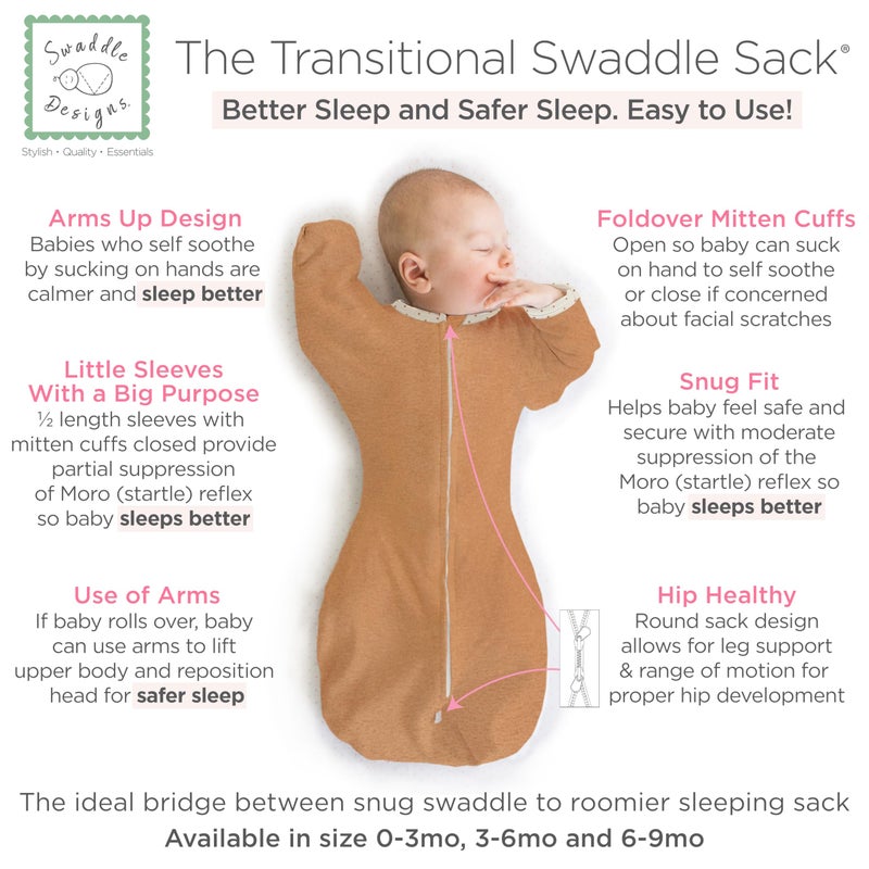 SwaddleDesigns Transitional Swaddle Sack, Arms Up Half-Length Sleeves & Mitten Cuffs, Swaddle for Newborn Transition to Baby Sleep Sack Wearable Blanket, Med, 3-6 Month, 14-21 lb, Heathered Butterum - Image 2