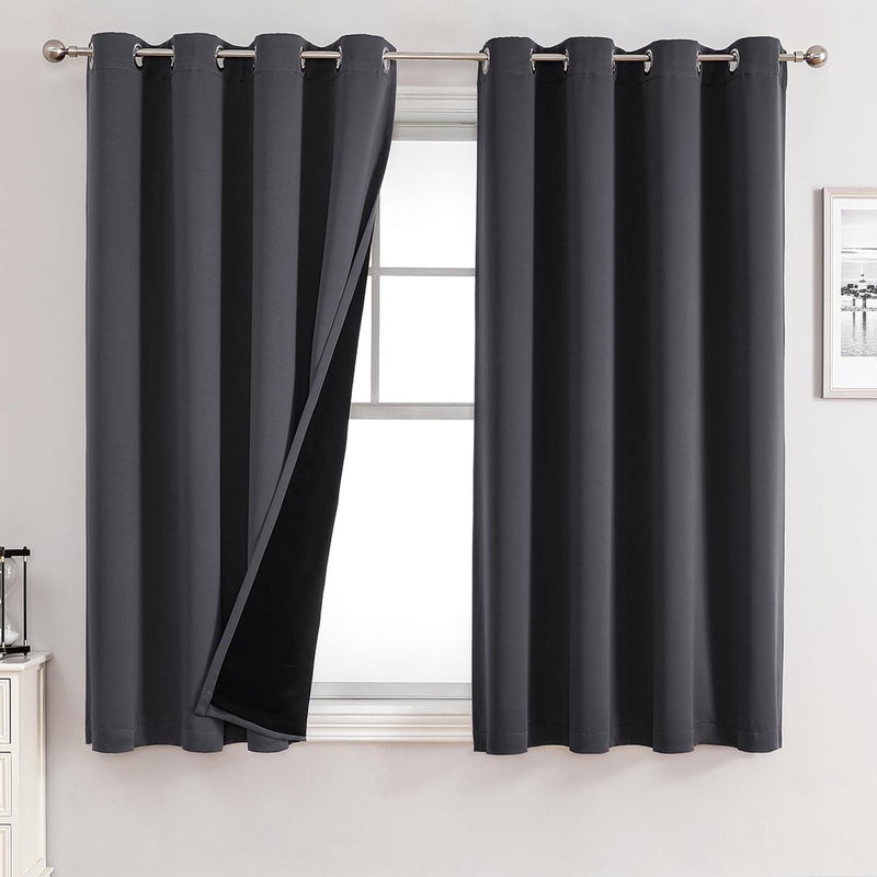ChrisDowa 100% Blackout Curtains for Bedroom with Black Liner  2 Thick Layers Total Blackout Thermal Insulated Grommet Small Window Curtains 54 Inch Long 2 Panels Set (Dark Grey  52 x 54 Inch) - Image 1