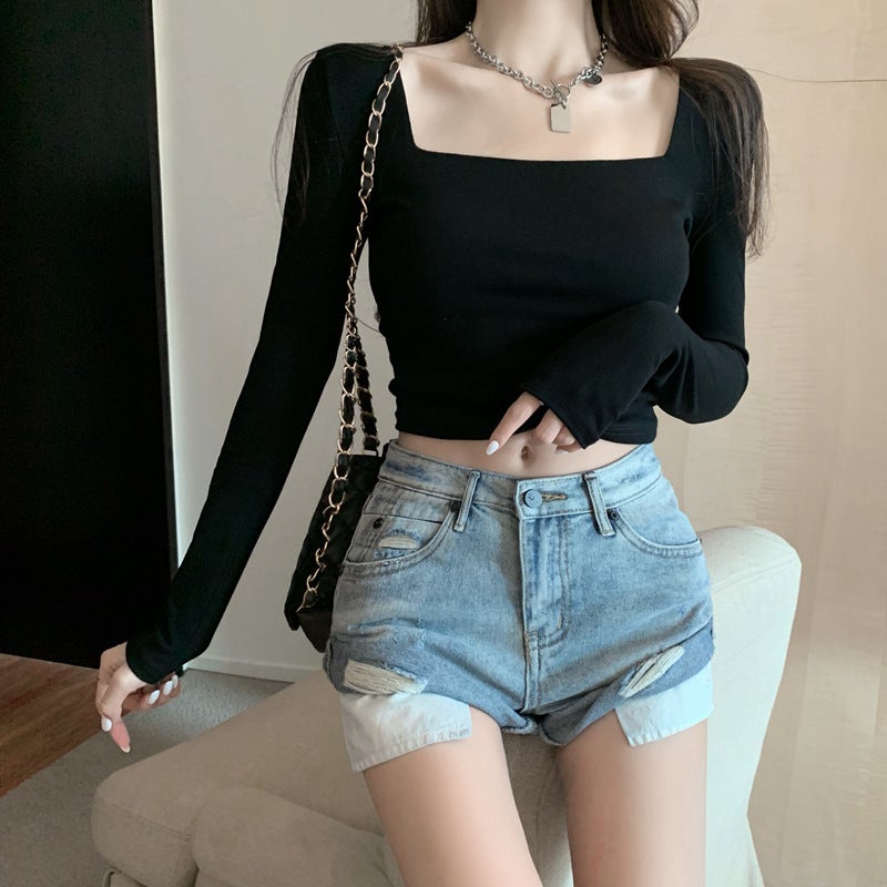 Square Collar Pure Color T-Shirt For Women 2025 Spring & Fall Long-Sleeved Pure Color Short T-Shirt For Women Slim Fit With Square Collar Top Export - Image 1