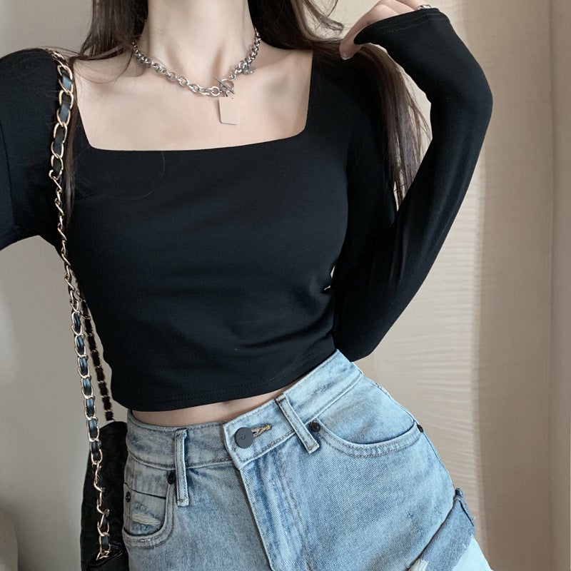 Square Collar Pure Color T-Shirt For Women 2025 Spring & Fall Long-Sleeved Pure Color Short T-Shirt For Women Slim Fit With Square Collar Top Export - Image 4