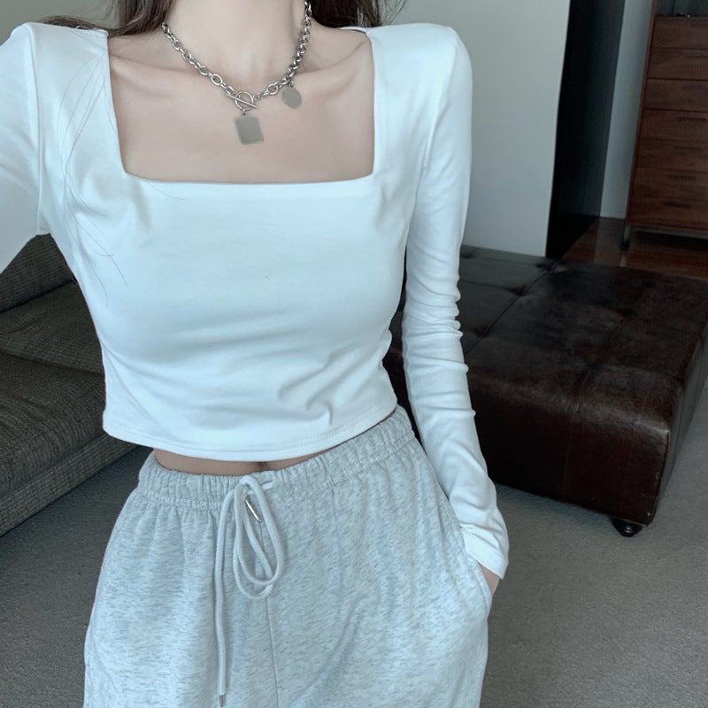 Square Collar Pure Color T-Shirt For Women 2025 Spring & Fall Long-Sleeved Pure Color Short T-Shirt For Women Slim Fit With Square Collar Top Export - Image 5