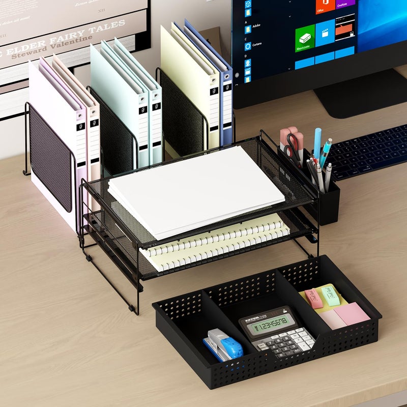 LEKETREE Desk Organizer, Office Organization with Vertical File Holder, File Organizer with Drawer and Pen Holder, Desk Accessories and Workspace Organizers for Home Office (Black) - Image 3