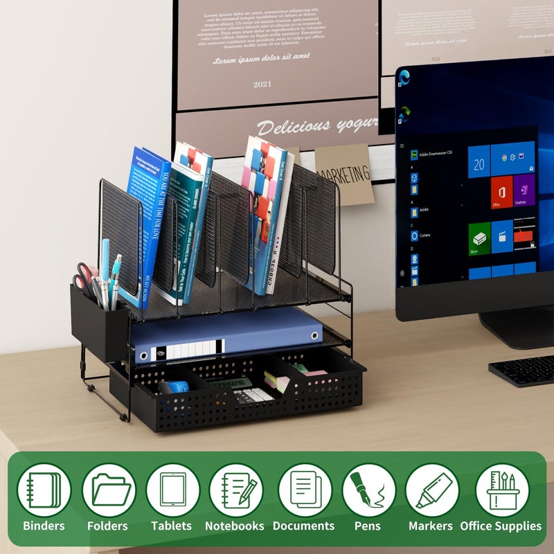 LEKETREE Desk Organizer, Office Organization with Vertical File Holder, File Organizer with Drawer and Pen Holder, Desk Accessories and Workspace Organizers for Home Office (Black) - Image 2