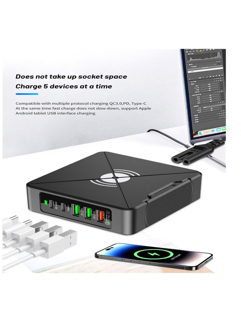 Excefore - 75W Smart Multi-Ports USB Charging Station, HUB Wireless Charger Station, Portable Desktop USB C Charging Station, Laptop Power Bank QC3.0 Type C PD Phone Chargers Station - Image 1