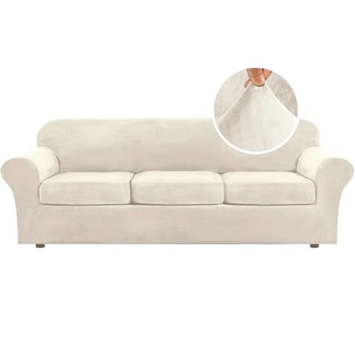 HVERSAILTEX Modern Velvet Plush 4 Piece High Stretch Sofa Slipcover Furniture Protector Form Fit Luxury Thick Velvet Extra Large Sofa Cover for 3 Cushion Couch Width Up to 105 InchXL Sofa Ivory