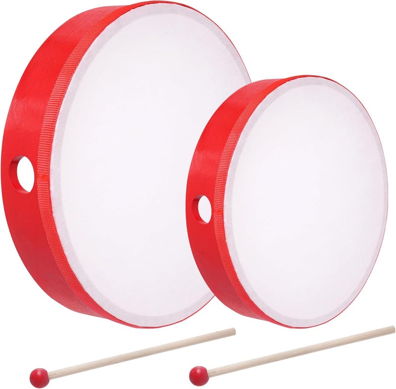 Nydotd Professional 10 Inch & 8 Inch Hand Drum Set with Wooden Beaters - Solid Poplar Frame, Synthetic Drumhead for Percussion, Performance, Rhythm Practice (Red) - Image 1
