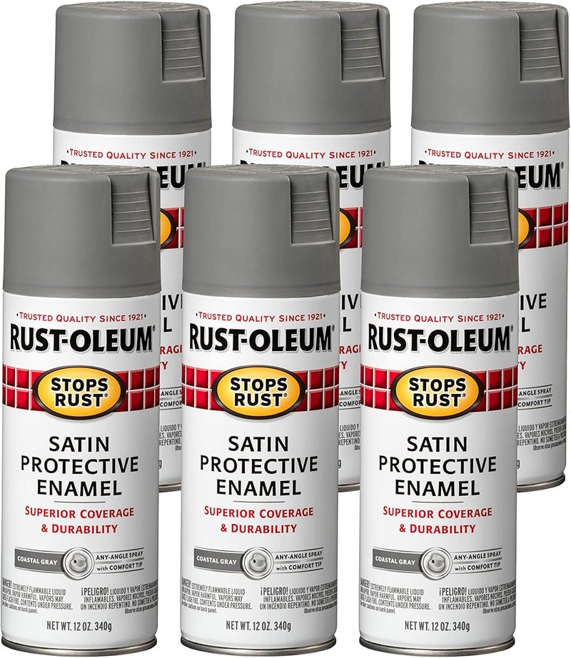 Rust-Oleum 312819-6PK Stops Rust Spray Paint, 12 oz, Satin Coastal Gray, 6 Pack - Image 1