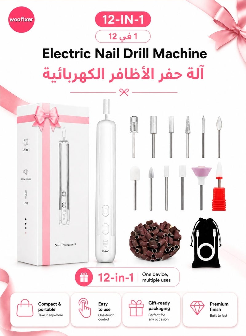 ووفيكسر جهاز برد أظافر كهربائي، طقم 12 قطعة مع إضاءة LED بزاوية 360 درجة، 3 سرعات، قابل لإعادة الشحن عبر منفذ USB، جهاز محمول للعناية بالأظافر، حقيبة تخزين، للاستخدام المنزلي، لون أبيض. - Image 1