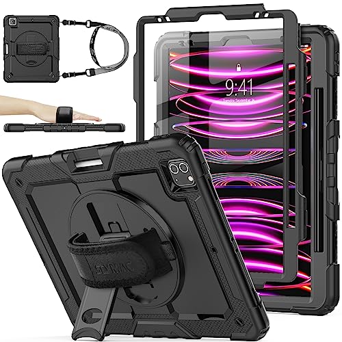 SEYMAC stock Case for iPad Pro 12.9'' 2022/2021/2020/2018 with Screen Protector 360 Rotating Stand Hand Strap, Drop-Proof Case for iPad Pro 12.9''(6th/5th/4th/3rd Generation), Black - Image 1