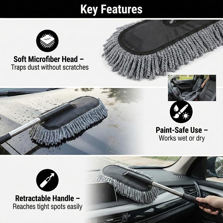 Oblivion Car Brush 1 Pc – Microfiber Long Retractable Flexible Cleaning Scratch-Free Head & Extendable Handle – Multipurpose Swivel Design Head for Dry & Wet Exterior & Interior Dust Remover Tool - Image 2