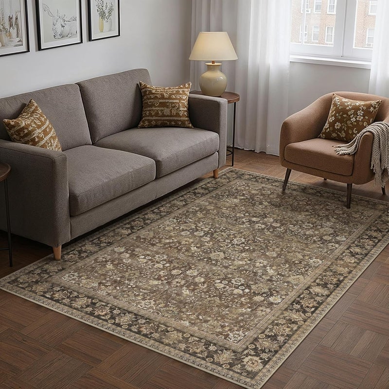 HUGEAR 4x6 Machine Washable Rugs Brown Hallway Area Rug Indoor Accent Rug Floral Low Pile Carpet Soft Throw Rug Bedroom Living Room Office Dining Room Kitchen Laundry Room Non Slip - Image 3