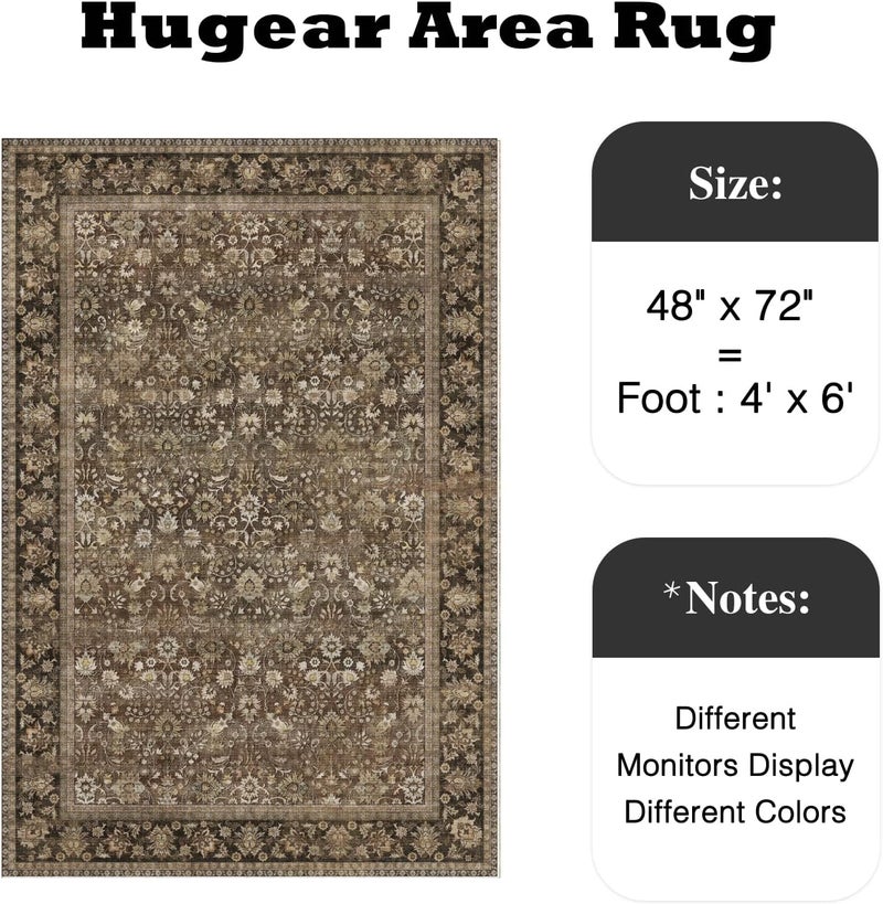 HUGEAR 4x6 Machine Washable Rugs Brown Hallway Area Rug Indoor Accent Rug Floral Low Pile Carpet Soft Throw Rug Bedroom Living Room Office Dining Room Kitchen Laundry Room Non Slip - Image 2