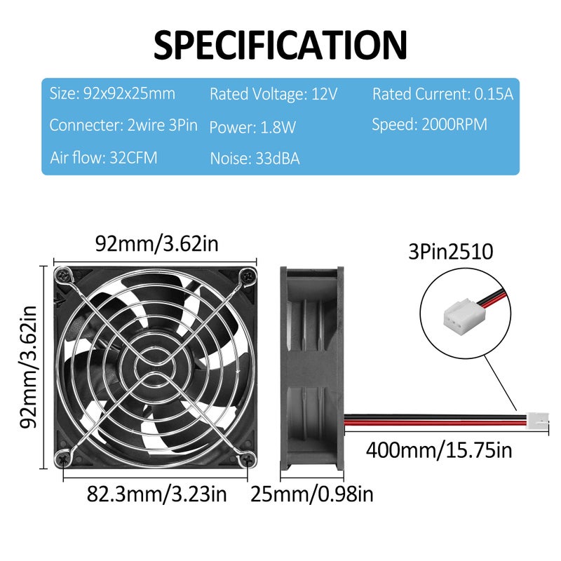 PANO-MOUNTS 2 Pack 90mm 92mm 12V DC Computer PC Fan 2 Wire 3pin Cooling Fan for Computer Case Cooler 2000RPM - Image 2