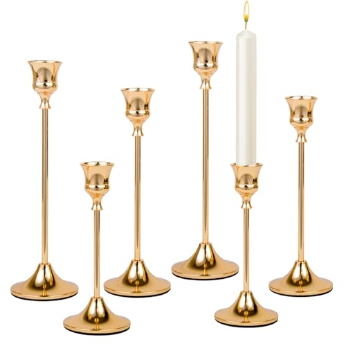 TEMOGU Candlestick Holders Brass Gold Metal Taper Candle Holders Set of 6 Vintage Decorative Centerpiece Candelabra Tall Candle Stands for Table Mantel Wedding Housewarming - Image 1