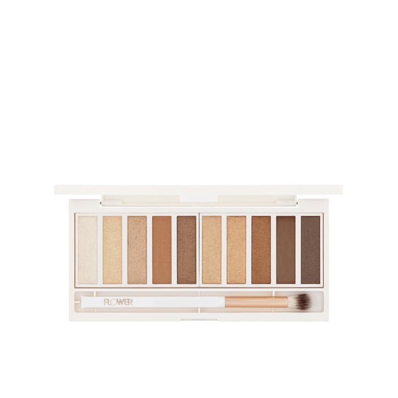 FLOWER Beauty By Drew Barrymore Shimmer + Shade Eyeshadow Palette - Neutral Colors + Ten Shades - Mix + Layers Shades - Easily Blendable + Rich Color Payoff - Brush Included (Gimme Gold) - Image 2
