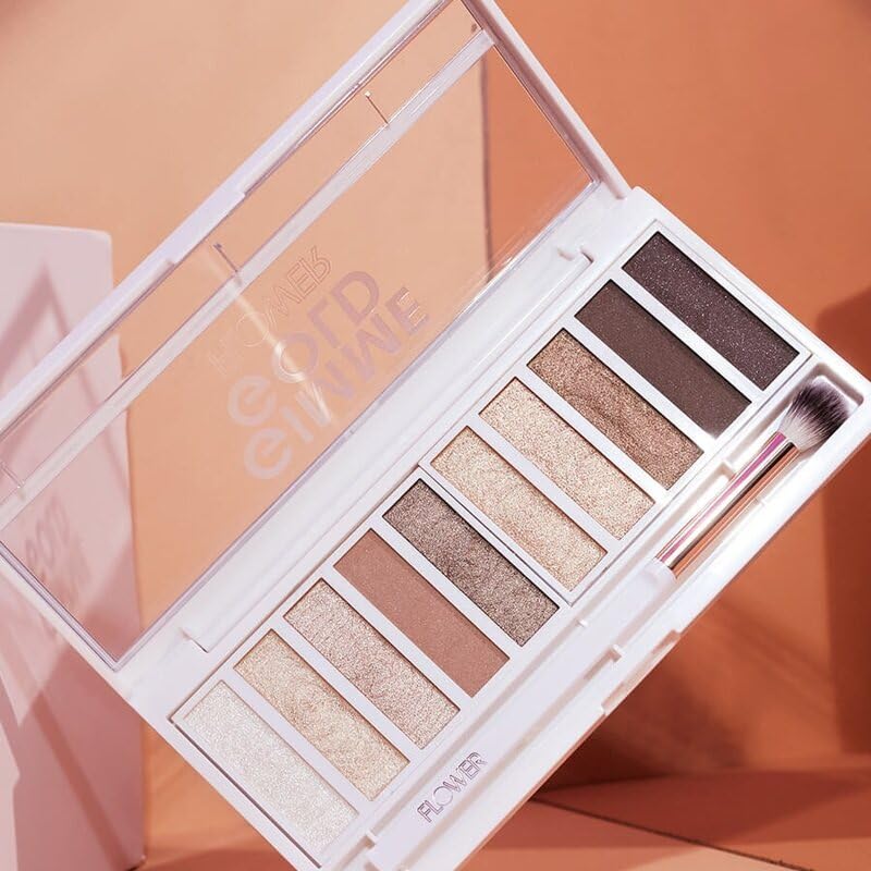 FLOWER Beauty By Drew Barrymore Shimmer + Shade Eyeshadow Palette - Neutral Colors + Ten Shades - Mix + Layers Shades - Easily Blendable + Rich Color Payoff - Brush Included (Gimme Gold) - Image 4