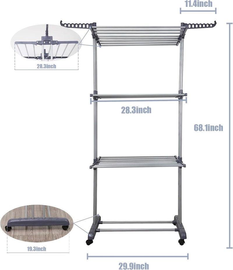 YOUUD Clothes Drying Rack 3-Tiers with Retractable Trays, Collapsible Shelves, Rolling and Base with Casters, Stainless Laundry Dryer Indoor or Outdoor Standing Rack - Image 5