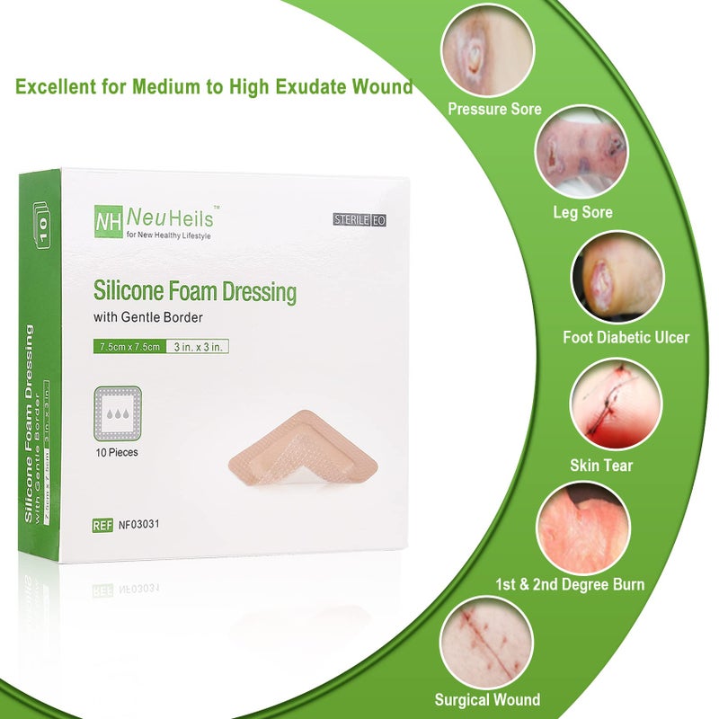 NeuHeils Silicone Adhesive Foam Dressing with Gentle Border 3''x3'' for Bed Sore, 10 Packs, High Absorbency Waterproof Silicone Wound Bandage for Foot Diabetic Ulcer - Image 2