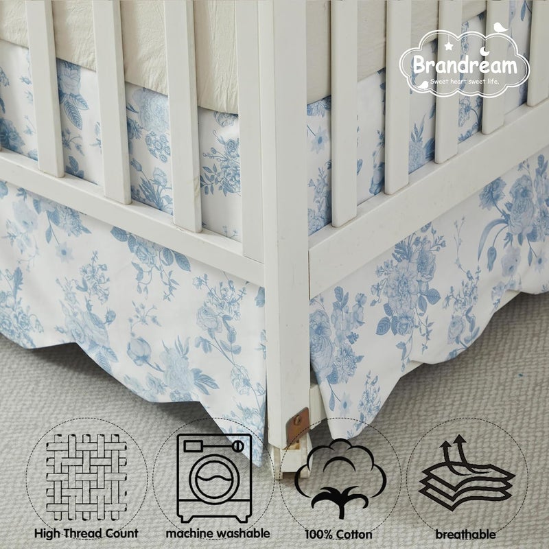 Brandream Scallop Edge Cotton Crib Skirt, Baby Girl, French Country Blue Toile Crib Skirt Toddler Bedskirt Farmhouse Chic Nursery Crib Bed Skirt, Boho Bohemian Vintage Grandmillennial Floral Print - Image 5