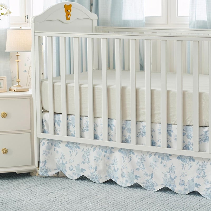 Brandream Scallop Edge Cotton Crib Skirt, Baby Girl, French Country Blue Toile Crib Skirt Toddler Bedskirt Farmhouse Chic Nursery Crib Bed Skirt, Boho Bohemian Vintage Grandmillennial Floral Print - Image 4