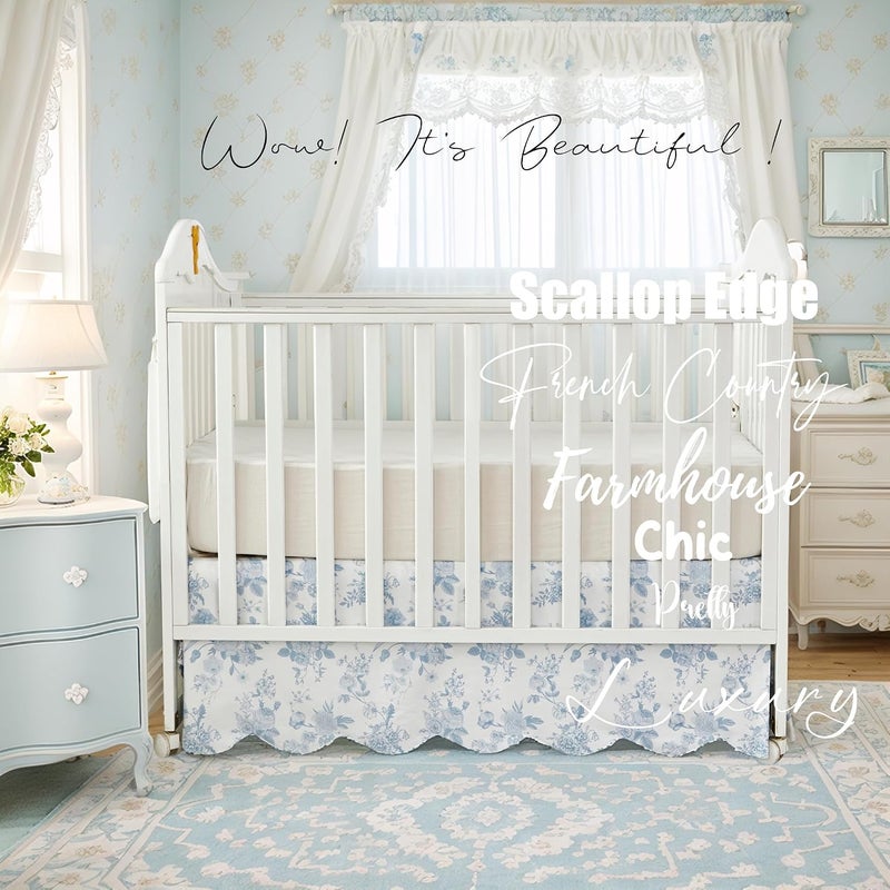 Brandream Scallop Edge Cotton Crib Skirt, Baby Girl, French Country Blue Toile Crib Skirt Toddler Bedskirt Farmhouse Chic Nursery Crib Bed Skirt, Boho Bohemian Vintage Grandmillennial Floral Print - Image 3