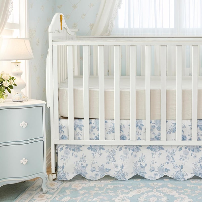 Brandream Scallop Edge Cotton Crib Skirt, Baby Girl, French Country Blue Toile Crib Skirt Toddler Bedskirt Farmhouse Chic Nursery Crib Bed Skirt, Boho Bohemian Vintage Grandmillennial Floral Print - Image 1