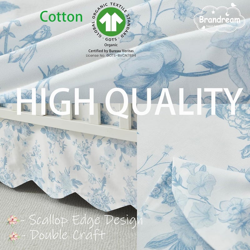 Brandream Scallop Edge Cotton Crib Skirt, Baby Girl, French Country Blue Toile Crib Skirt Toddler Bedskirt Farmhouse Chic Nursery Crib Bed Skirt, Boho Bohemian Vintage Grandmillennial Floral Print - Image 2
