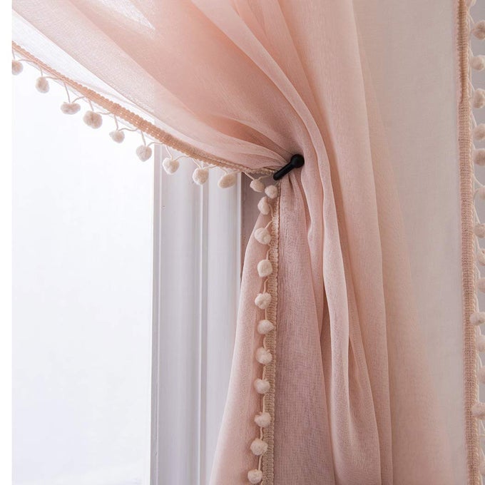 LINEN LOOK POM POM TASSELED SHEER CURTAINS ROD POCKET VOILE SEMISHEER CURTAIN FOR GIRL BEDROOM SET OF 2 CURTAIN PANELS 52 X 84 INCH BLUSH