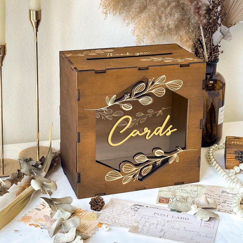 OurWarm Brown Wedding Card Box with Acrylic Window, Wooden Gift Card Box for Wedding Reception Decorations, Money Newly Named Box Decorations for Reception Party Birthday Rustic Wedding Decor - Image 2