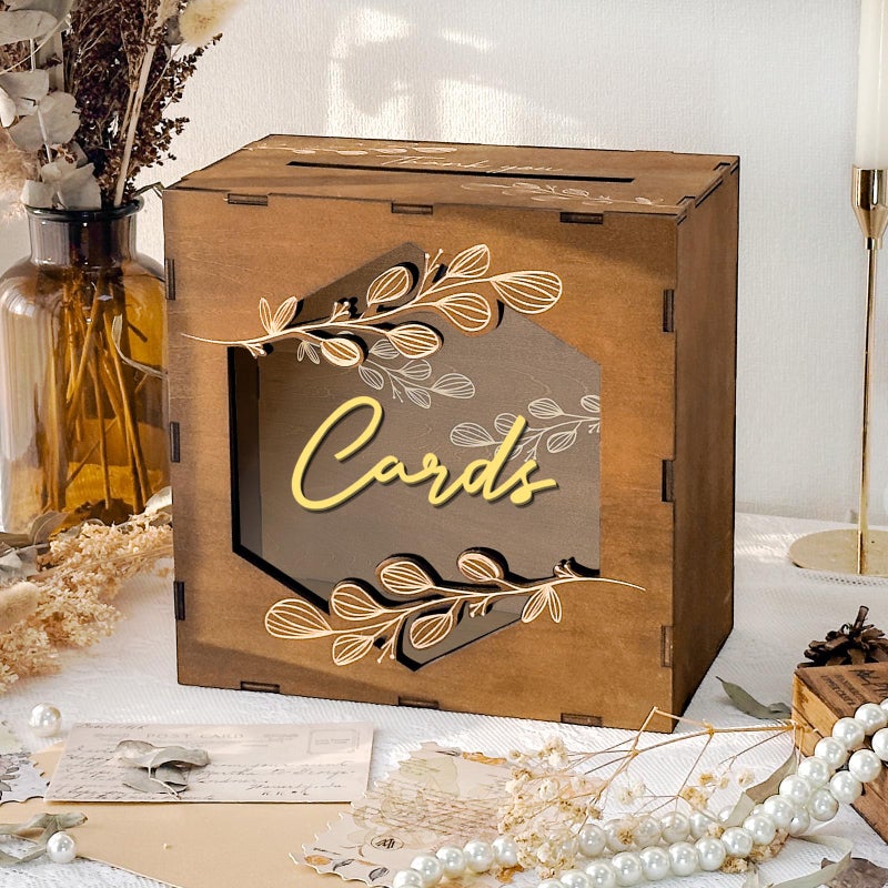 OurWarm Brown Wedding Card Box with Acrylic Window, Wooden Gift Card Box for Wedding Reception Decorations, Money Newly Named Box Decorations for Reception Party Birthday Rustic Wedding Decor - Image 1