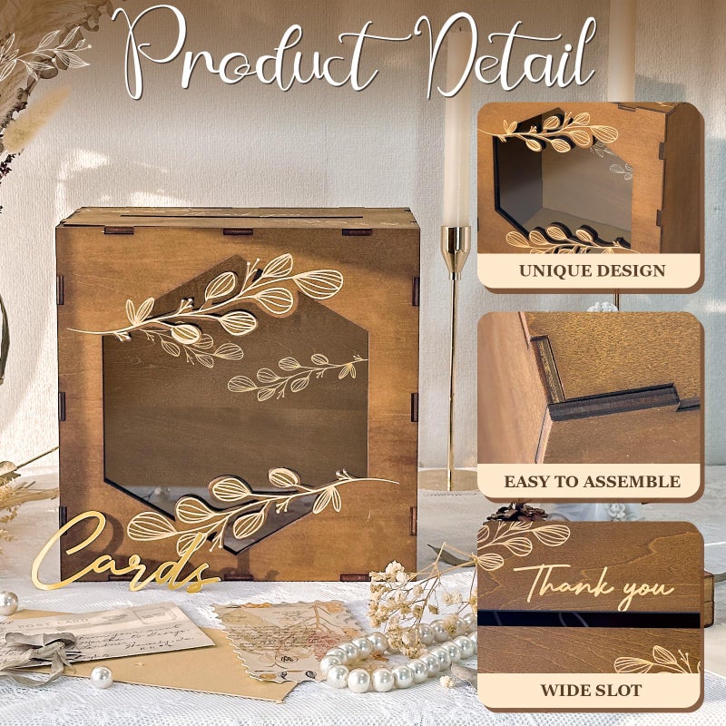 OurWarm Brown Wedding Card Box with Acrylic Window, Wooden Gift Card Box for Wedding Reception Decorations, Money Newly Named Box Decorations for Reception Party Birthday Rustic Wedding Decor - Image 5