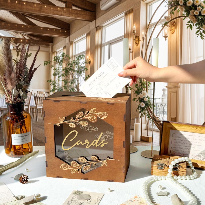 OurWarm Brown Wedding Card Box with Acrylic Window, Wooden Gift Card Box for Wedding Reception Decorations, Money Newly Named Box Decorations for Reception Party Birthday Rustic Wedding Decor - Image 4