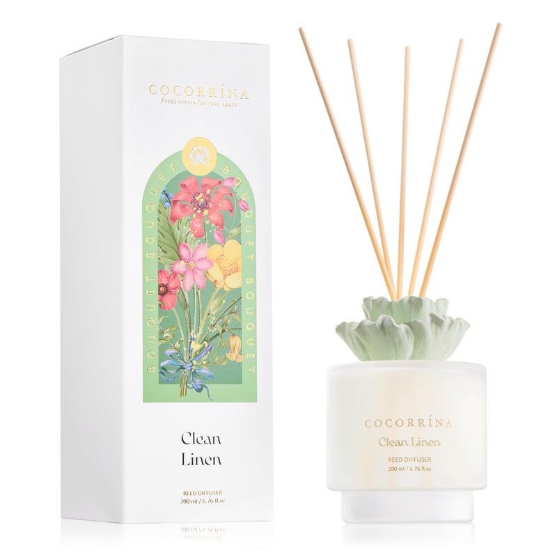 COCORRÃNA Gypsum Flower Reed Diffuser - Clean Linen Scent, 6.76 oz Oil with 8 Sticks, Long - Lasting Home Fragrance for Bathroom DÃ©cor - Image 1