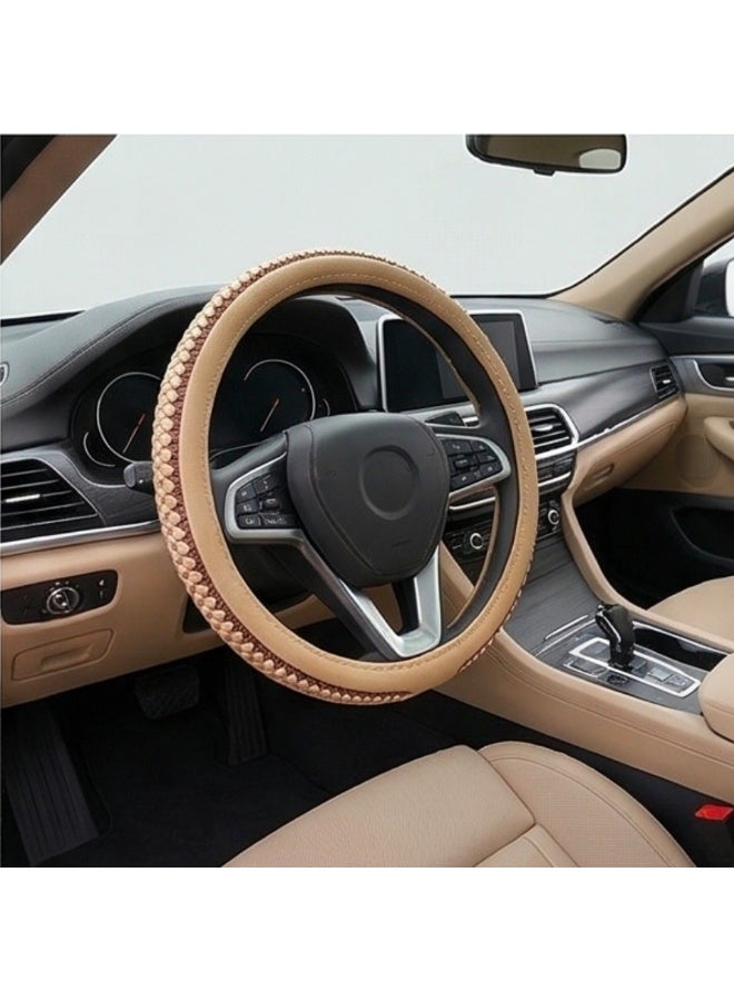 Premium Braided Steering Wheel Cover - Universal Anti-Slip & Breathable Microfiber - Beige/Tan - Fits Most Cars & SUVs