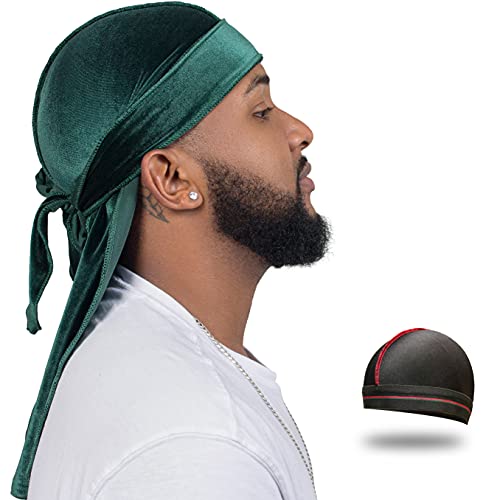ForceWave Velvet Durag for Men Wave Cap Velvet Dorag for Men Women 360 Wave (Green) - Image 1