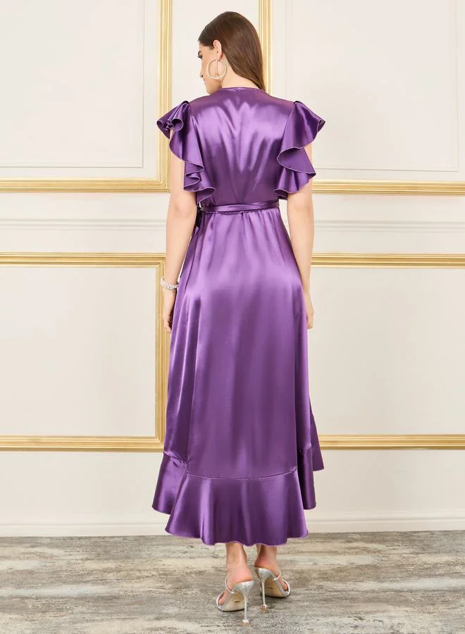 ستايلي Ruffle Detail Asymmetric Hem Wrap Midi Dress
