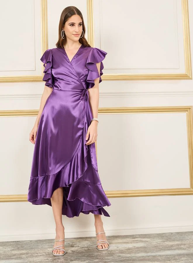 ستايلي Ruffle Detail Asymmetric Hem Wrap Midi Dress