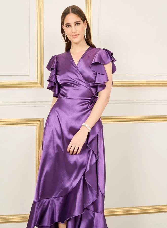 ستايلي Ruffle Detail Asymmetric Hem Wrap Midi Dress